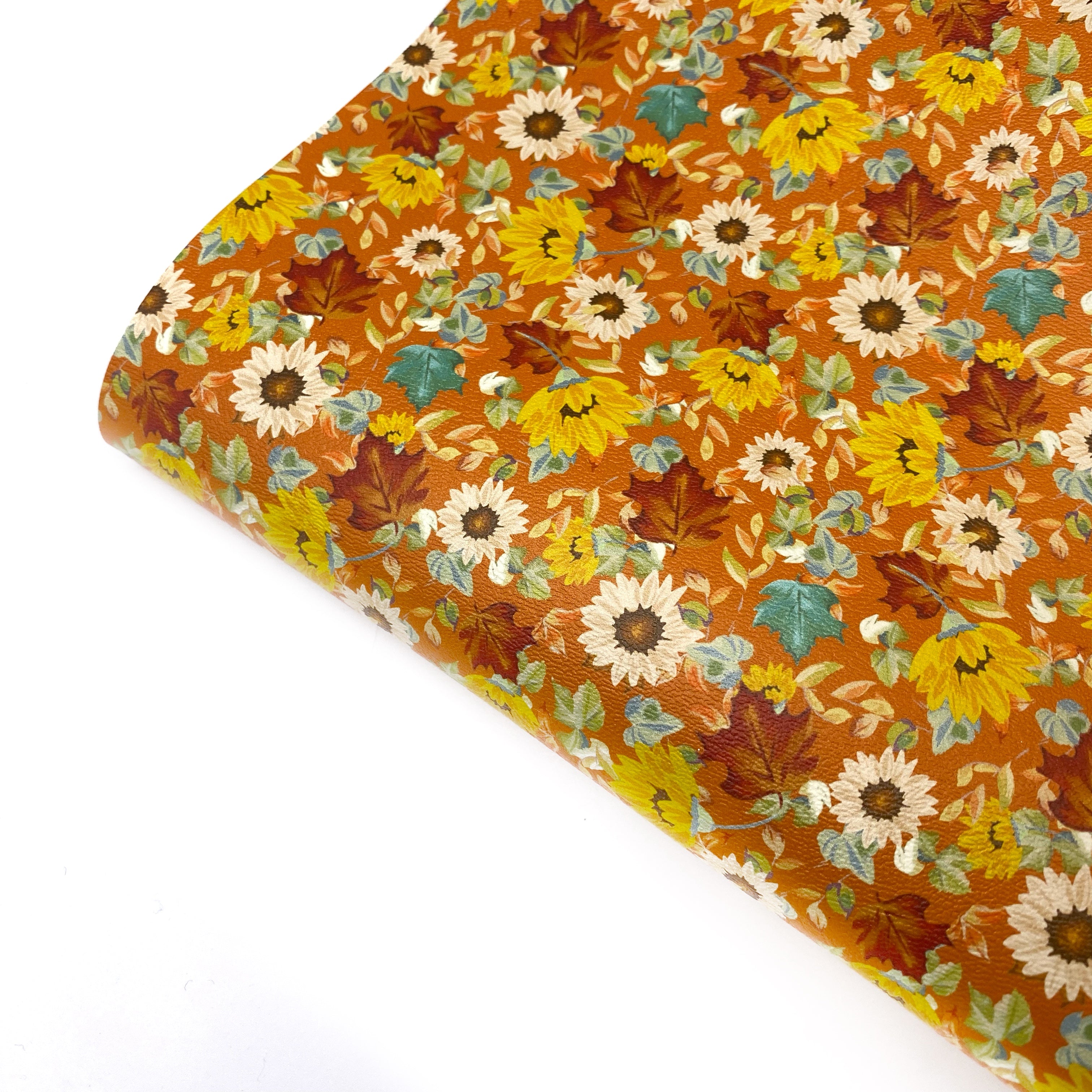 Orange Sunflower Floral Premium Faux Leather Fabric Sheets
