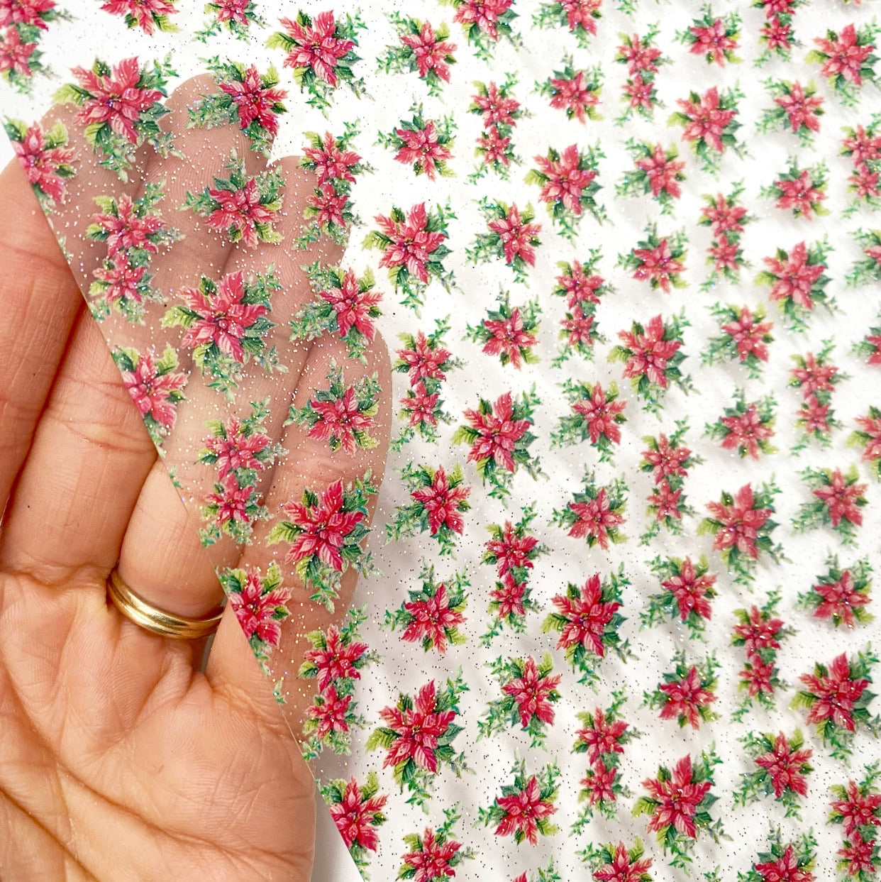 Poinsettia Glitter Transparent Vinyl Fabric Sheets