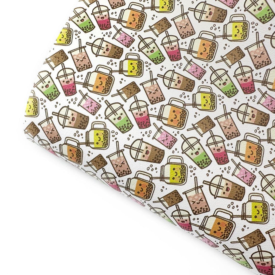 Kawaii Bubble Tea/Boba Tea Premium Faux Leather Fabric Sheets