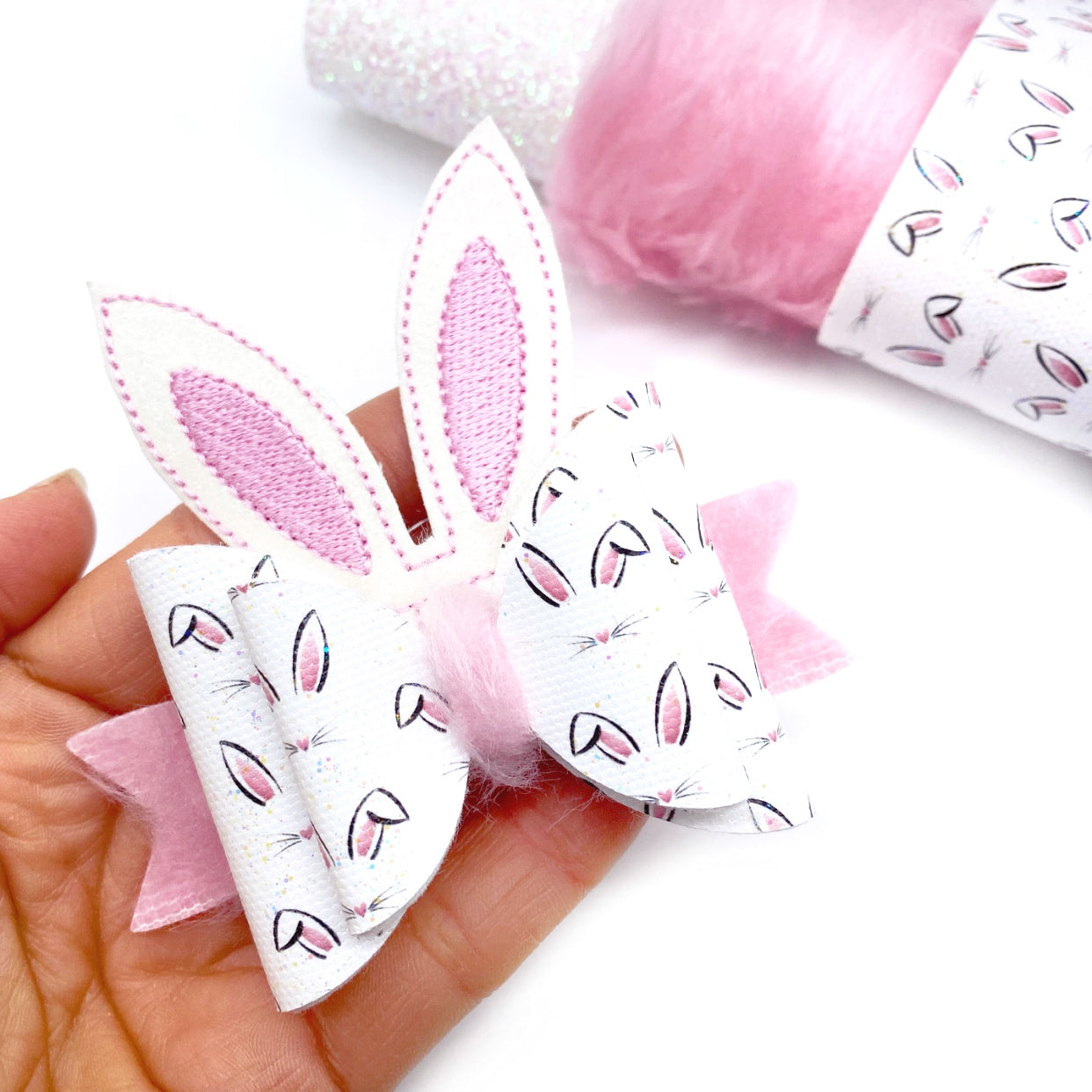 Cute Bunny Face Lux Premium Printed Bow Fabrics