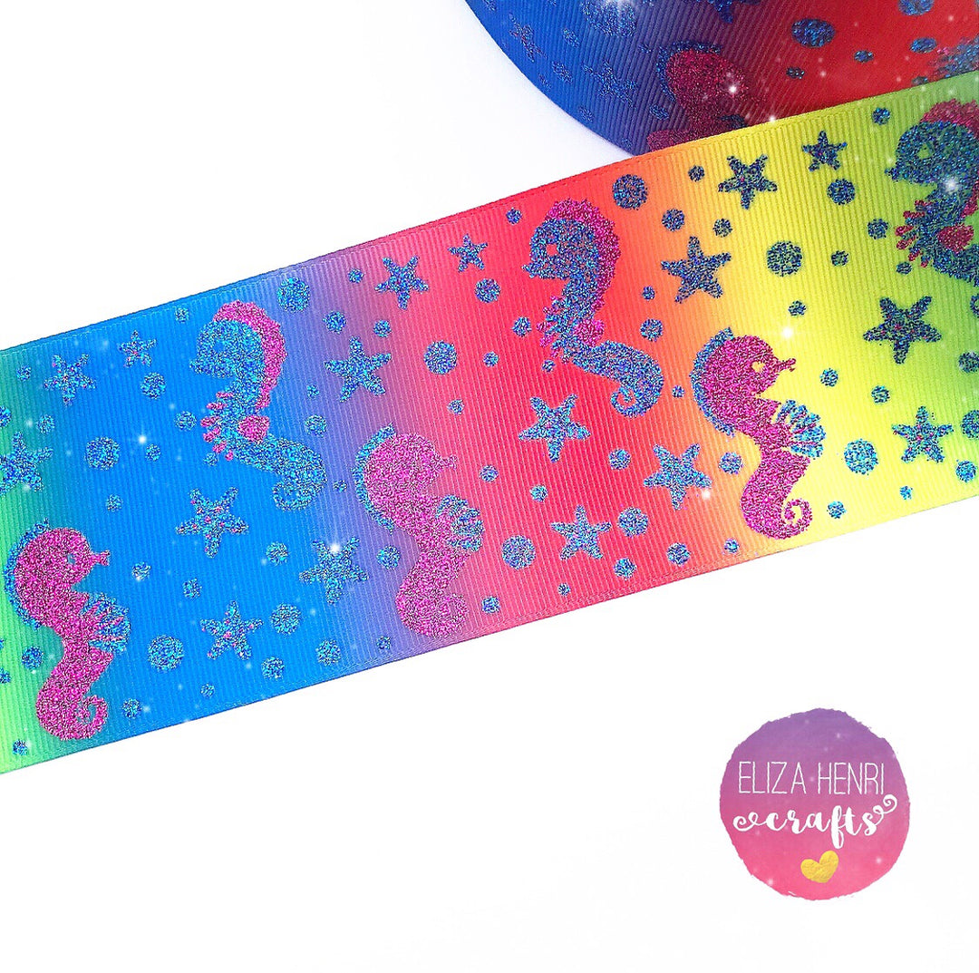 Under the sea seahorse Glitter Grosgrain Ribbon 3''