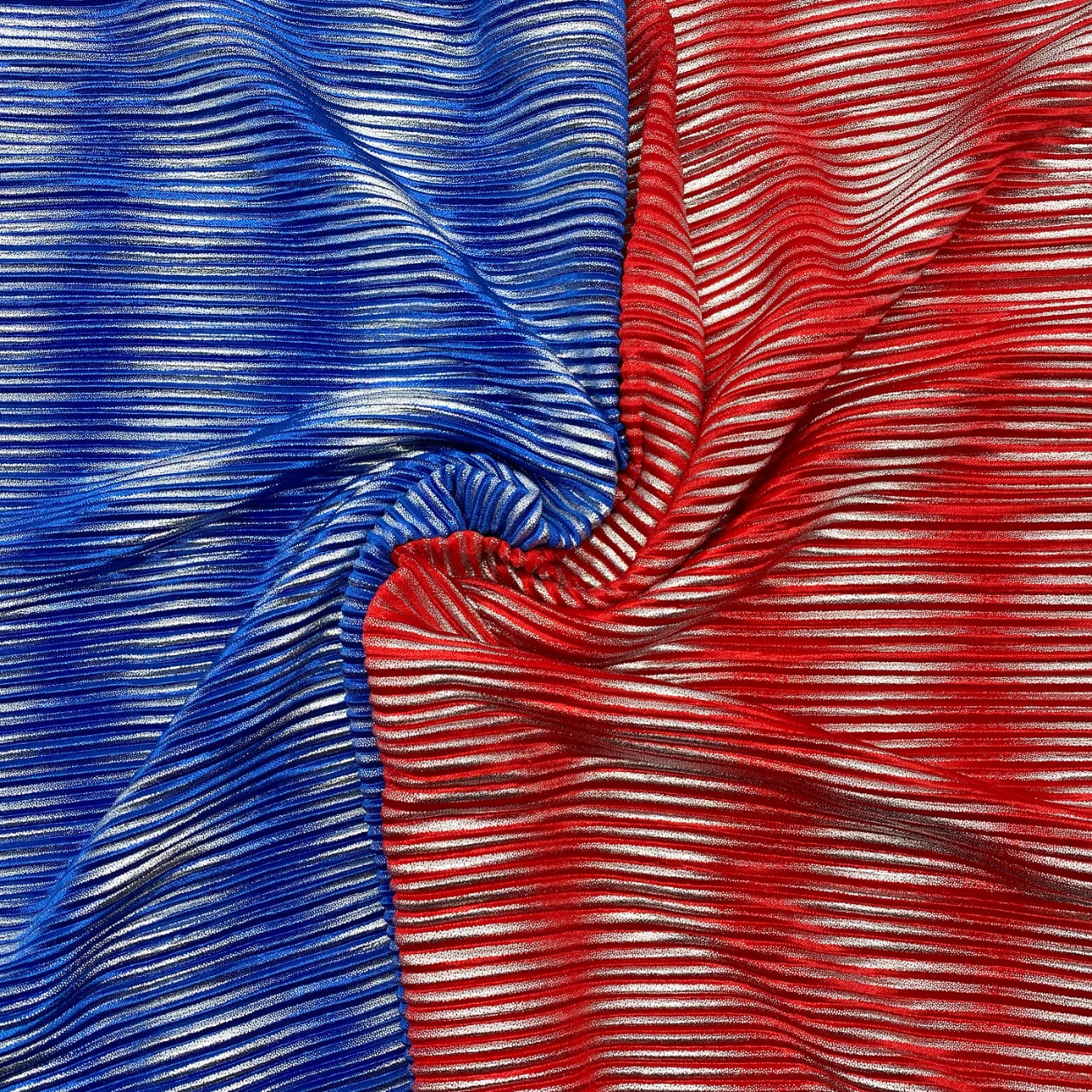 Blue & Red Metallic Sparkle Silver Foil Pleated Jersey Fabric