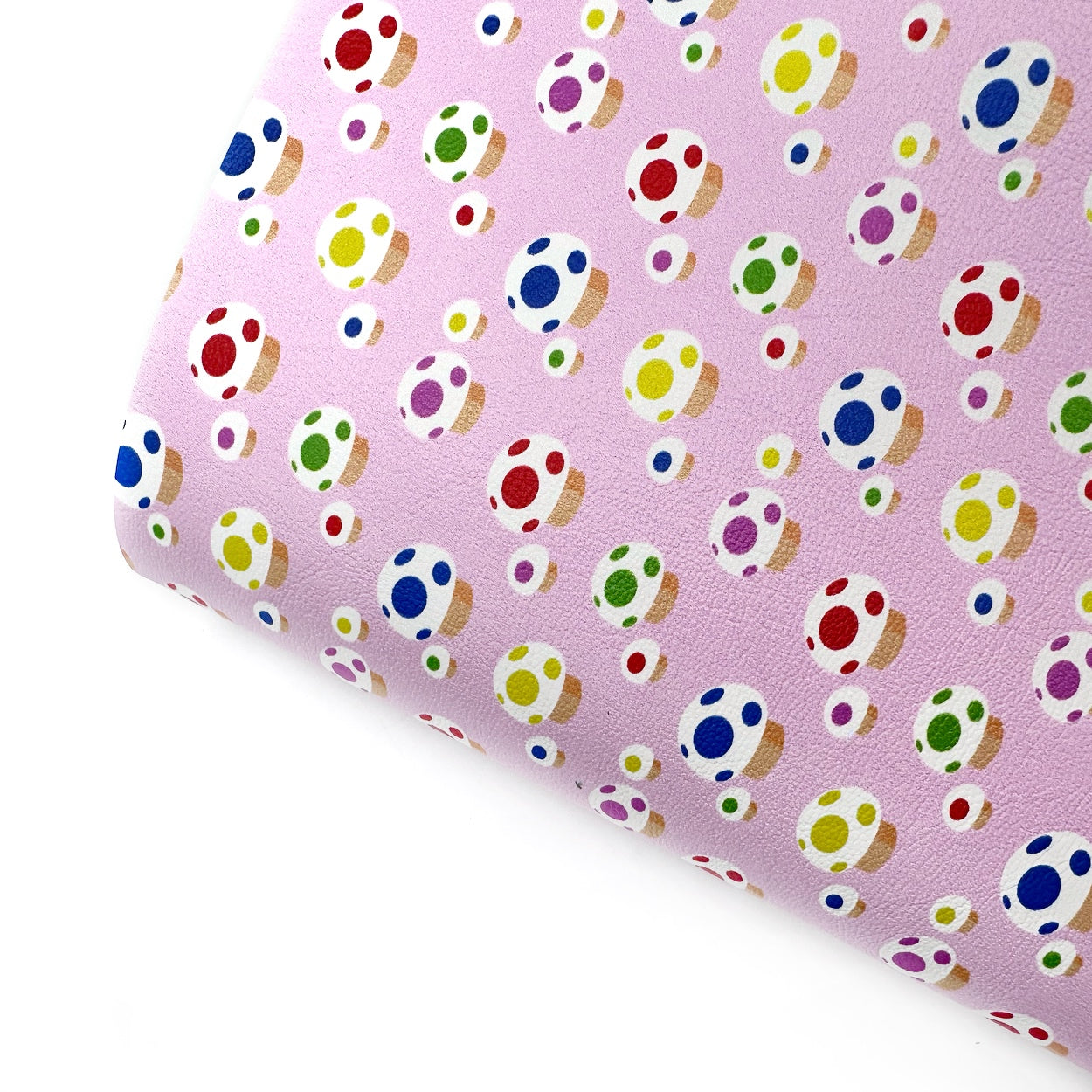 Baby Pink Rainbow Mushrooms Premium Faux Leather Fabric Sheets