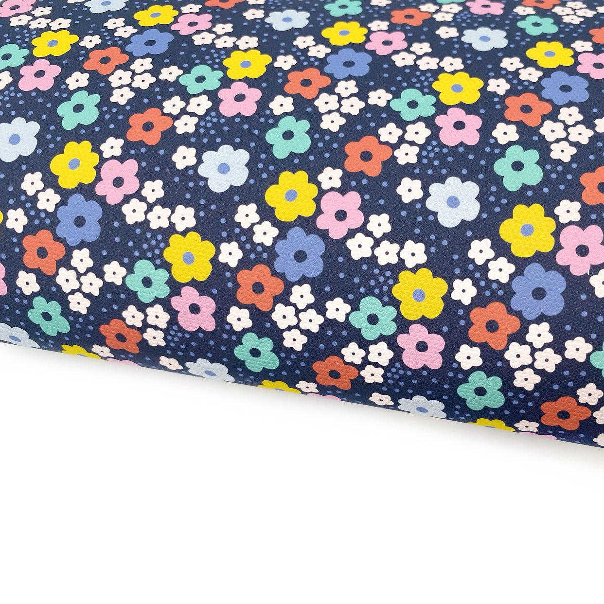 Navy Rainbow Flowers Lux Premium Printed Bow Fabric