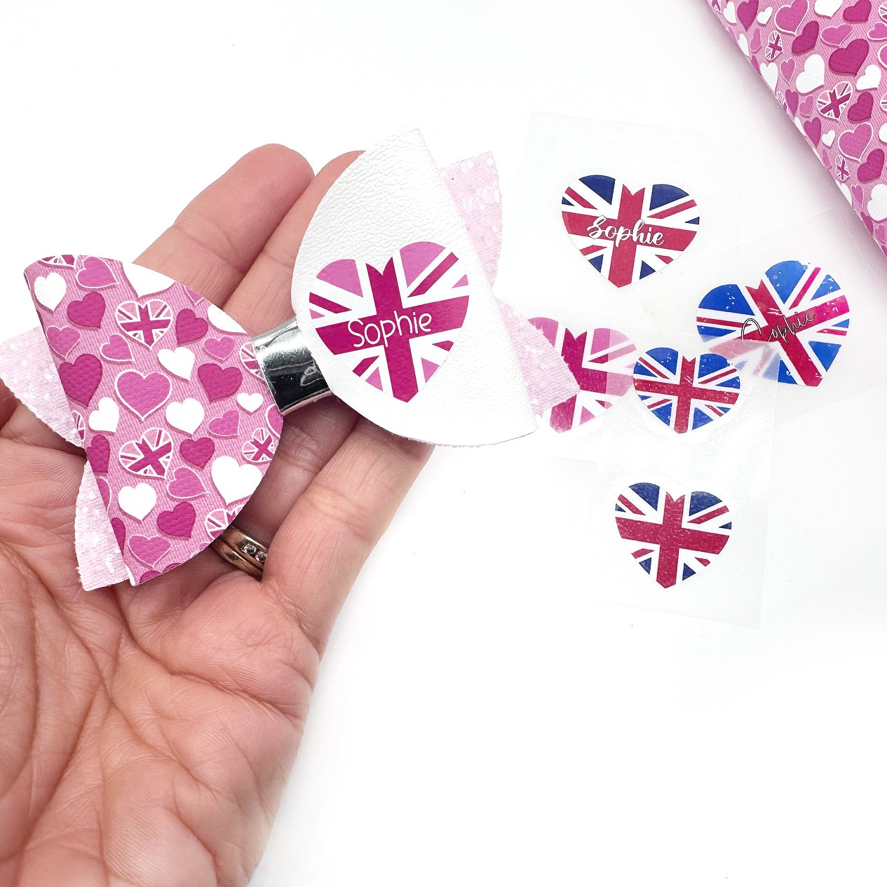 Mini Personalised Union Jack Flag Heart Name DTF Bow Transfers- Create your own