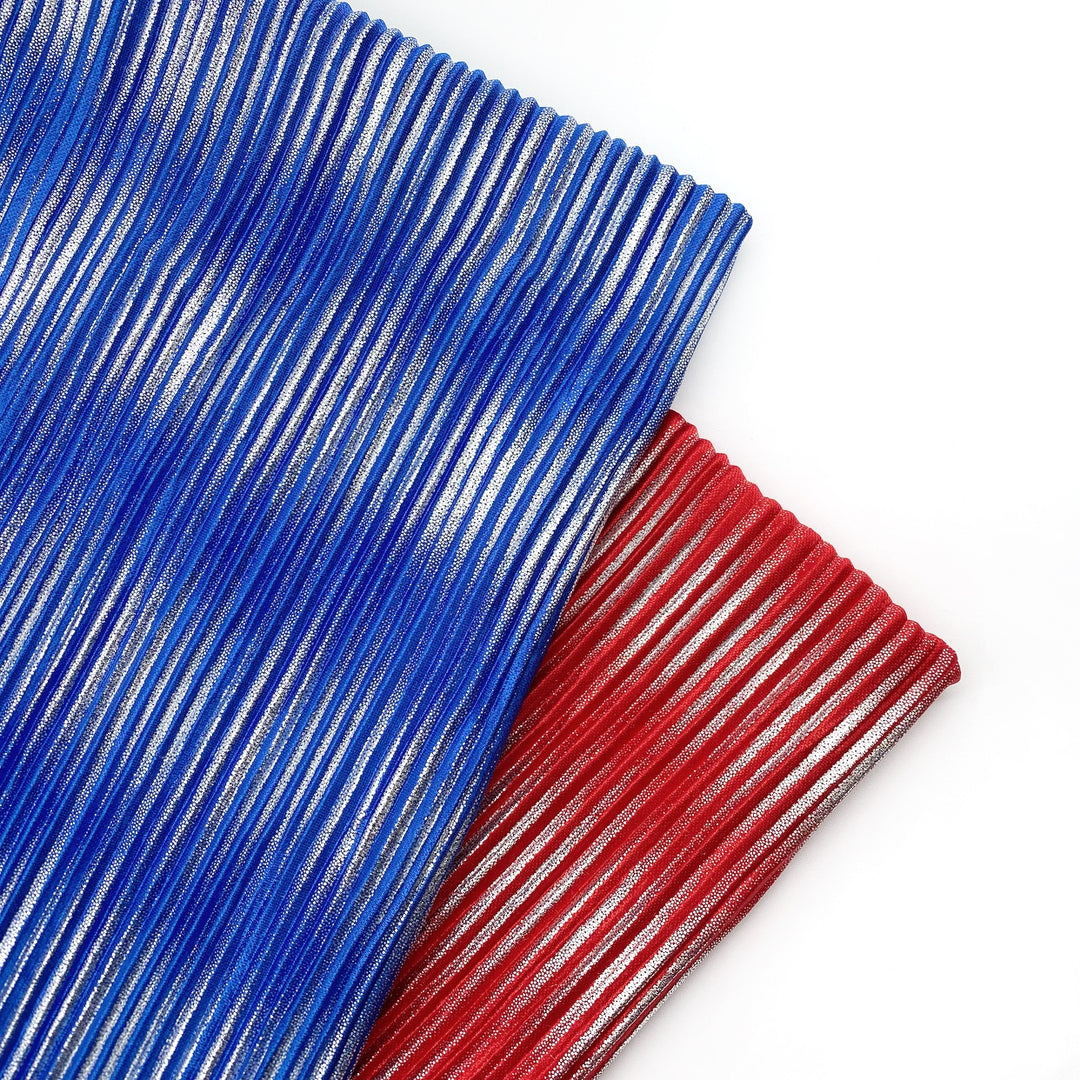 Blue & Red Metallic Sparkle Silver Foil Pleated Jersey Fabric