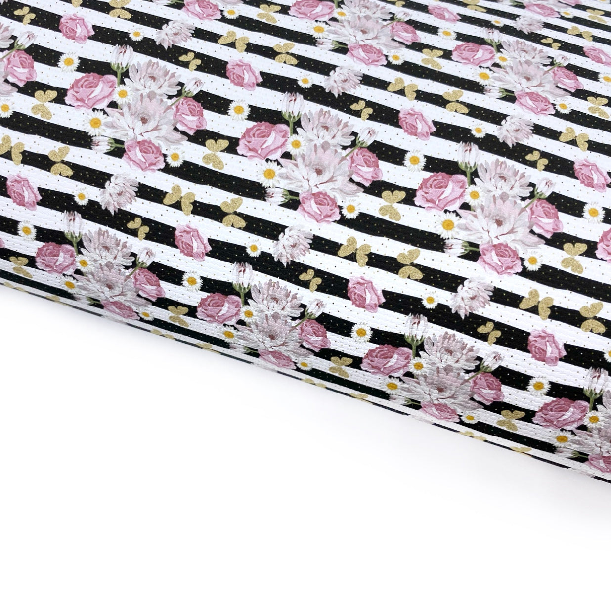 Monochrome Butterflies & Daisy Stripes Lux Premium Printed Bow Fabric