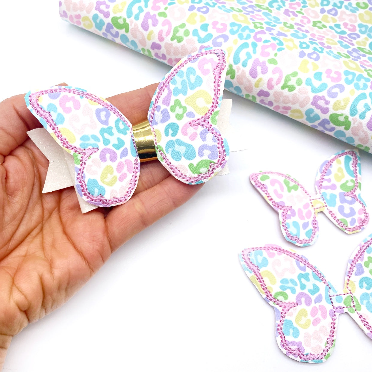 2-in-1 Bow Toppers & Tails- Pastel Leopard Butterfly Bow Felties