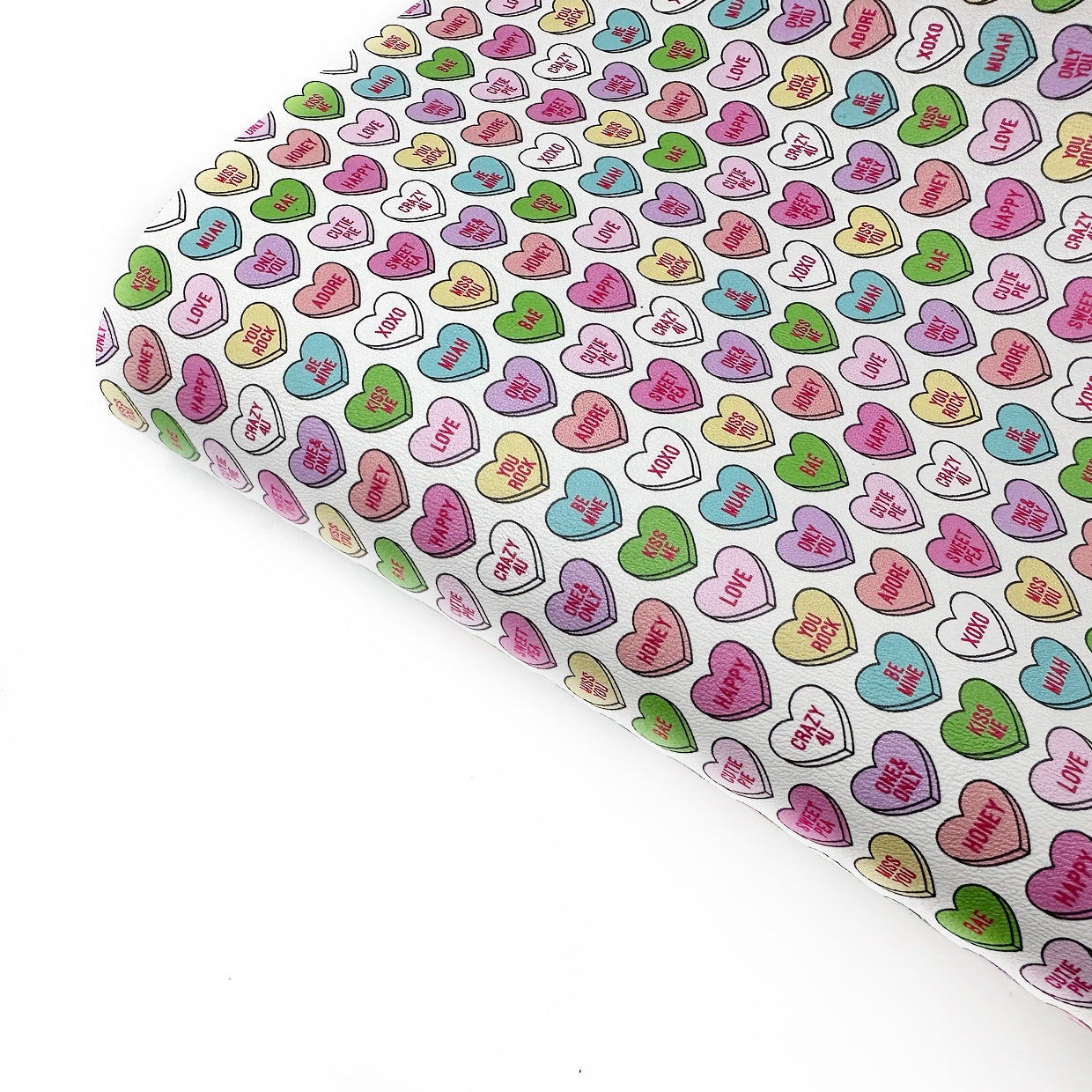 Rainbow Conversation Candy Hearts Premium Faux Leather Fabric Sheets