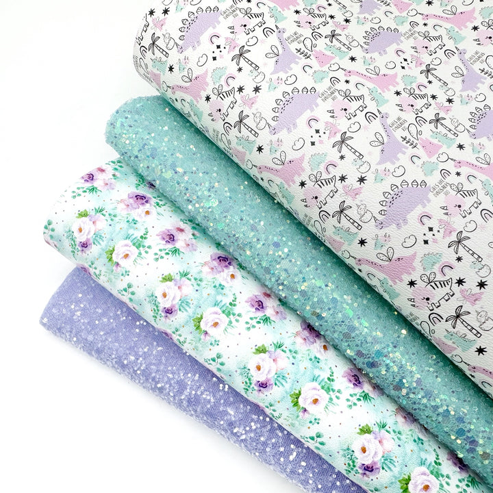 Girly Mint Dino Floral Premium Faux Leather Fabric Sheets