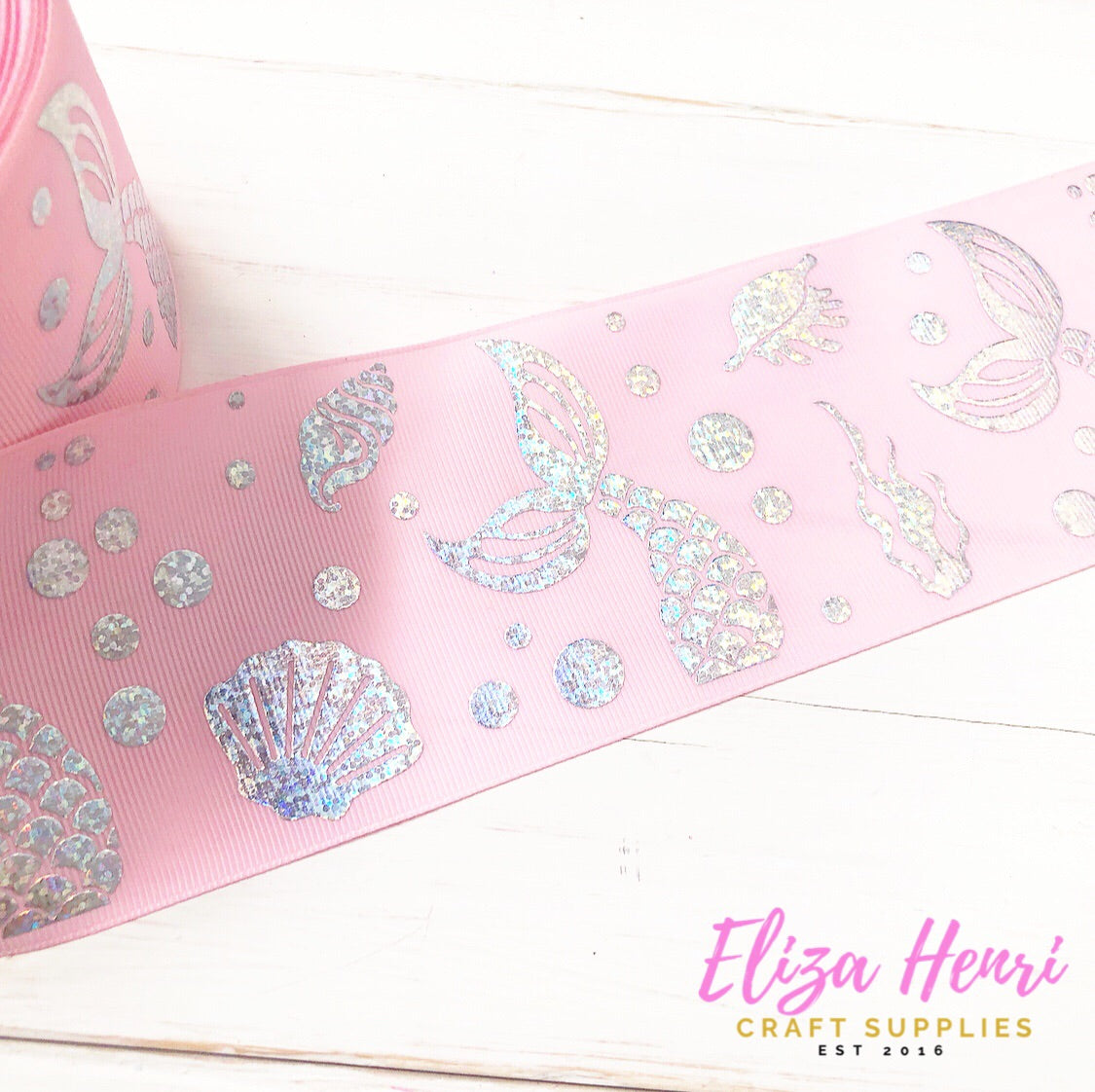 Baby Pink Holographic Shells & Mermaid Tails Foil Grosgrain Ribbon 3''