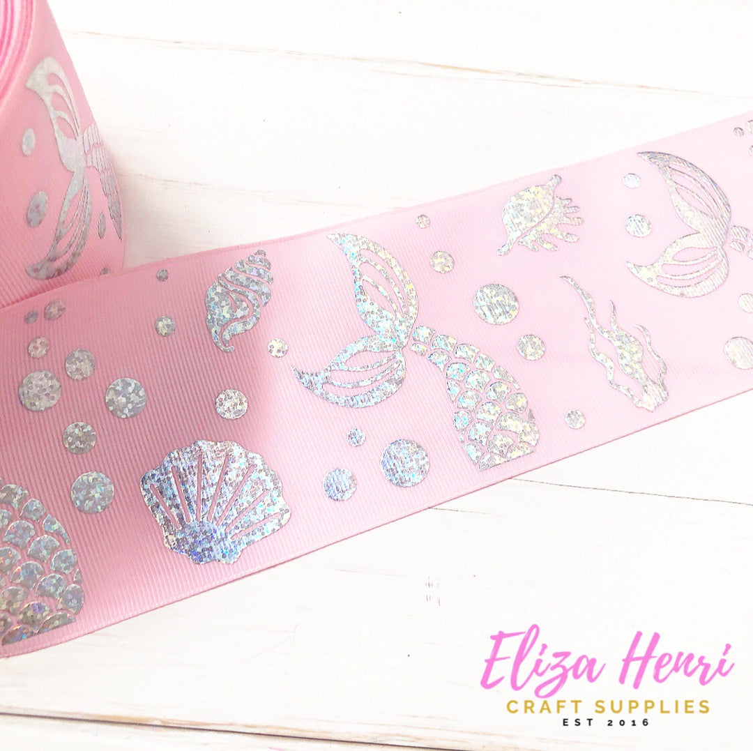 Baby Pink Holographic Shells & Mermaid Tails Foil Grosgrain Ribbon 3''