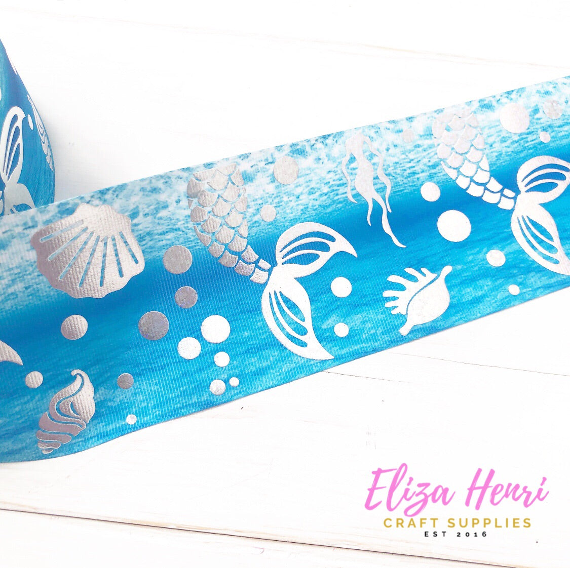 Blue Holographic Shells & Mermaid Tails Foil Grosgrain Ribbon 3''