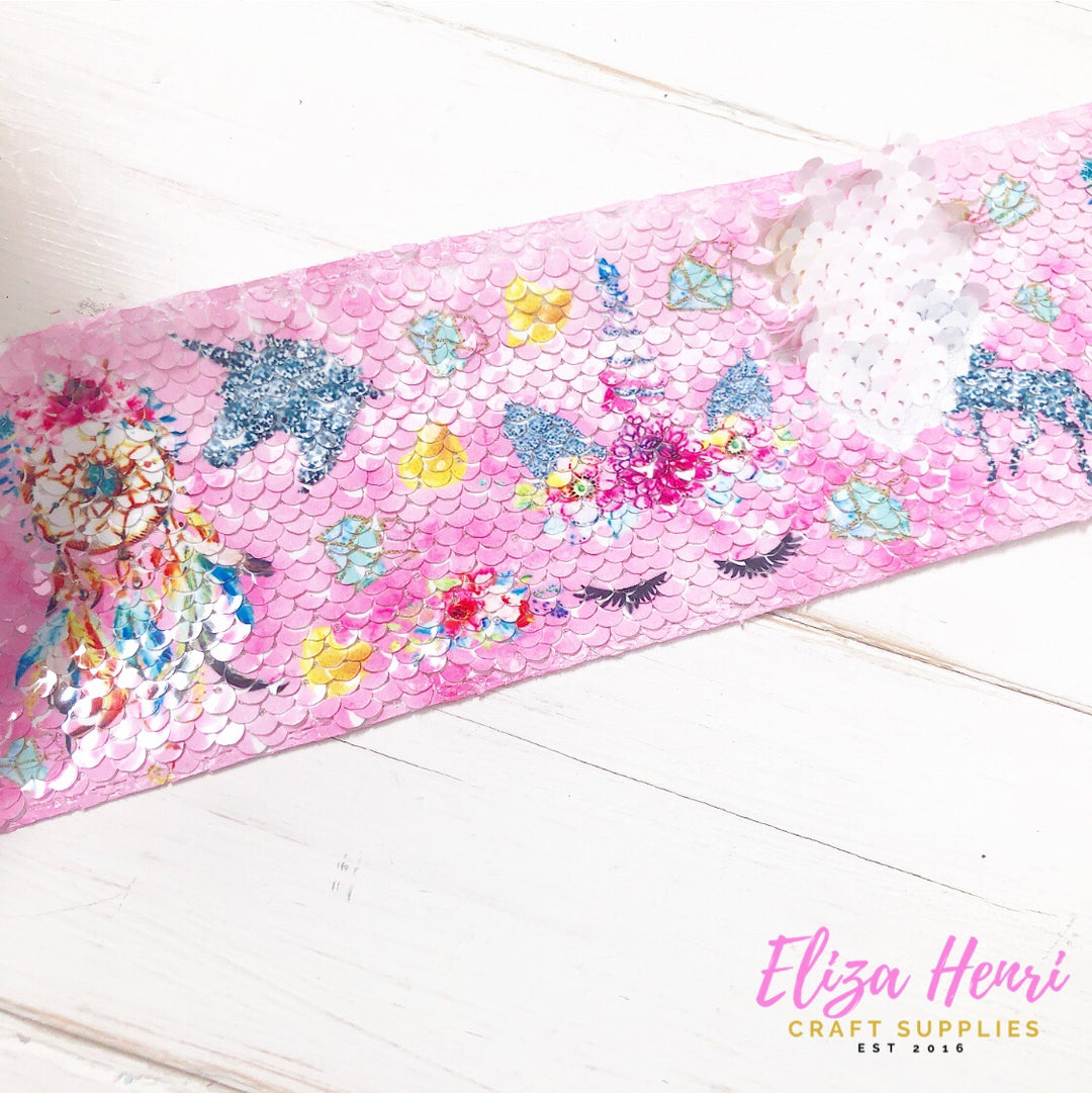 Sleepy Unicorns Sequin Reversible Ribbon 3''