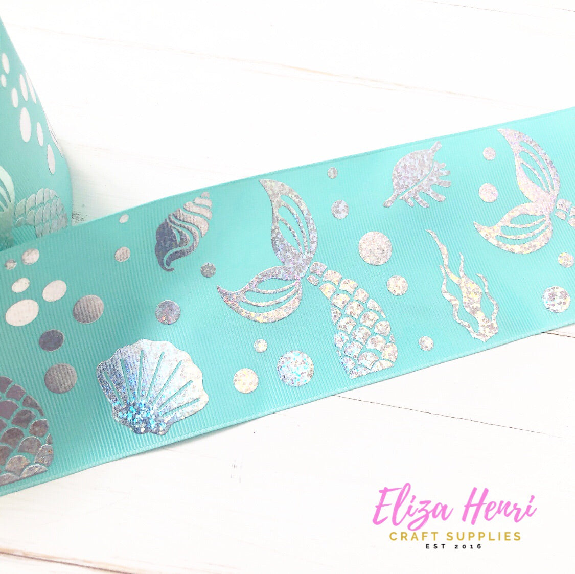 Mint Holographic Shells & Mermaid Tails Foil Grosgrain Ribbon 3''