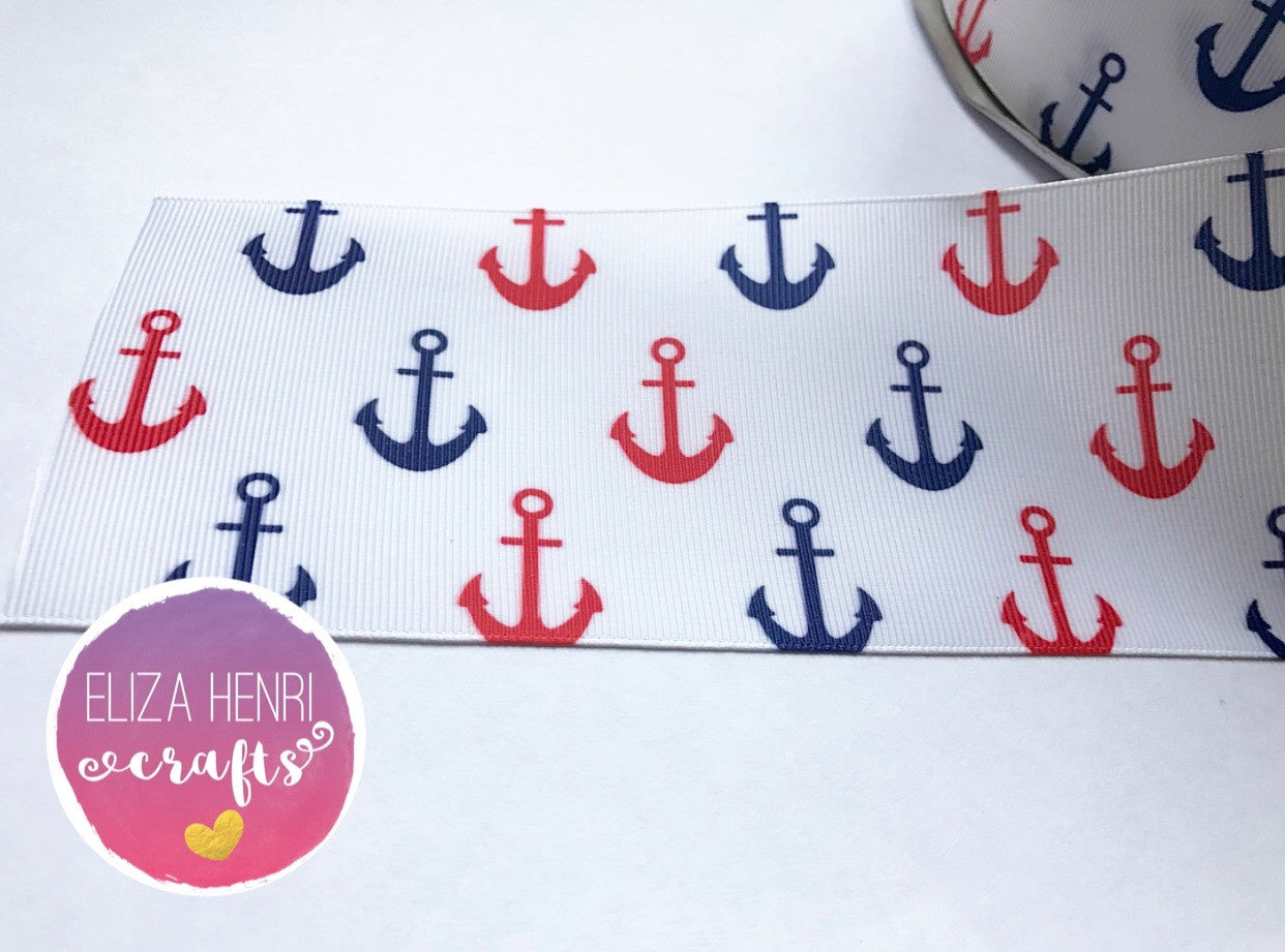 Sailor Anchors White Grosgrain Ribbon 2'' or 3'' - Eliza Henri Craft Supply